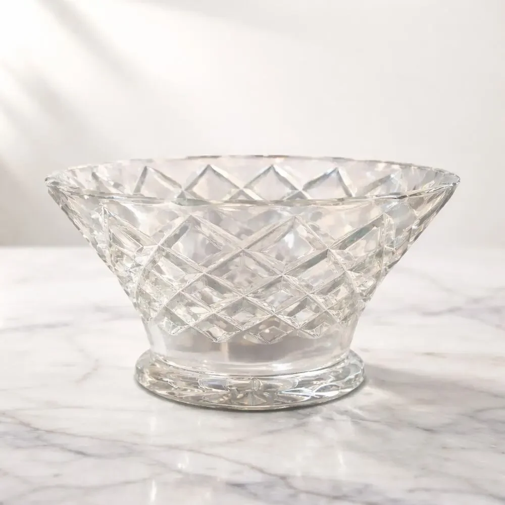 Vintage Heavy Cut Crystal Bowl Diamond Lattice Starburst Base Bohemian Style 8